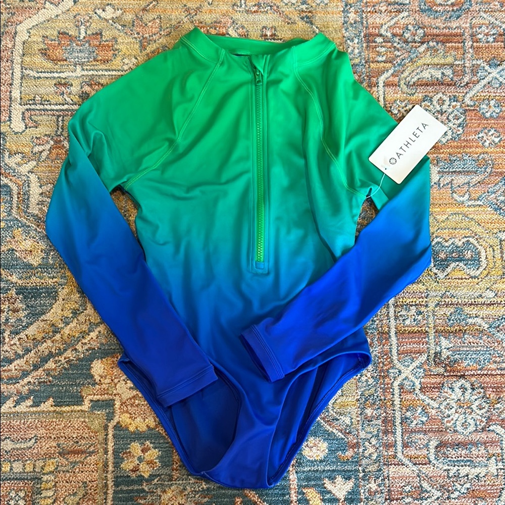 Athleta womens Green and Blue Swim Rash Guard one piece BNWT XS